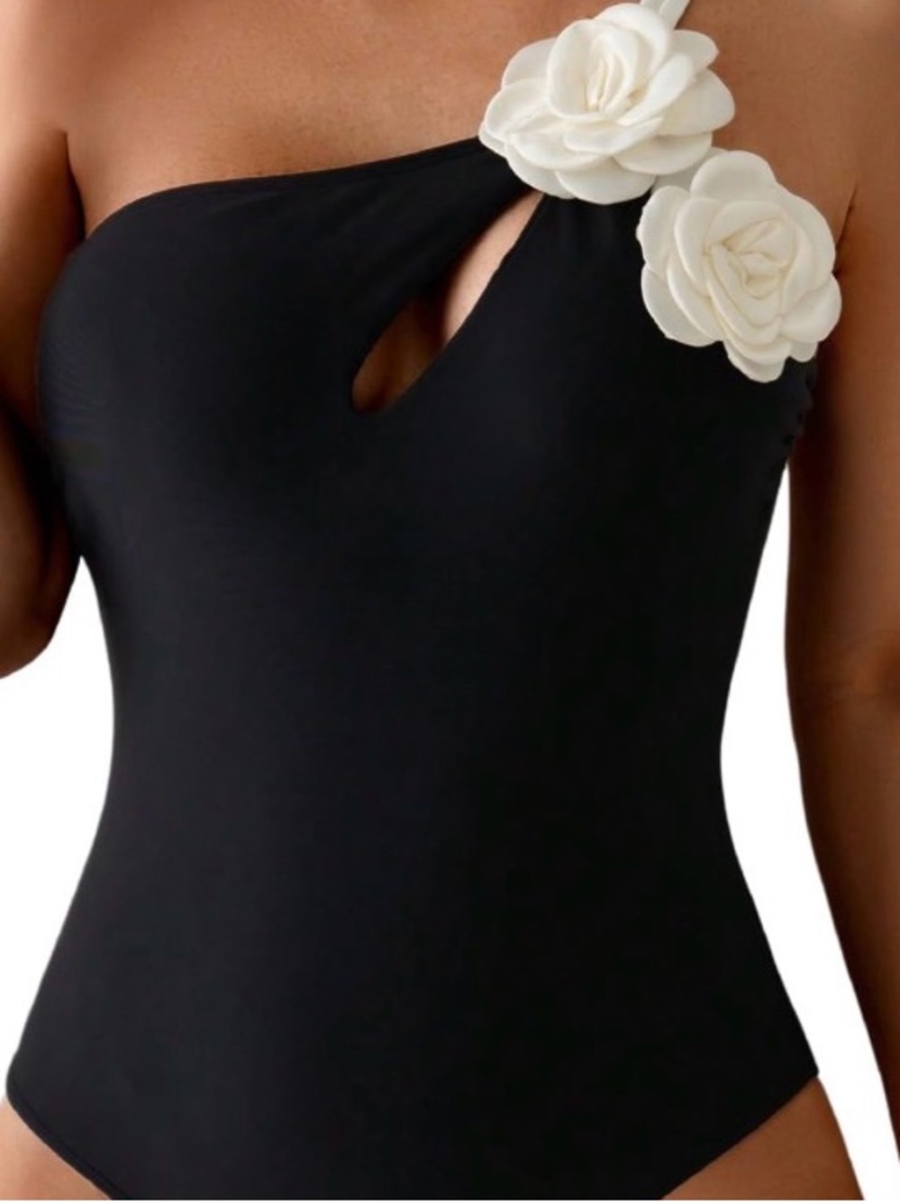 Classic Black One-Piece Swimsuit with Ivory Floral Accent